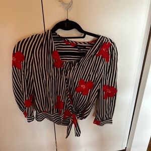 Madewell black and white stripe blouse with red flowers